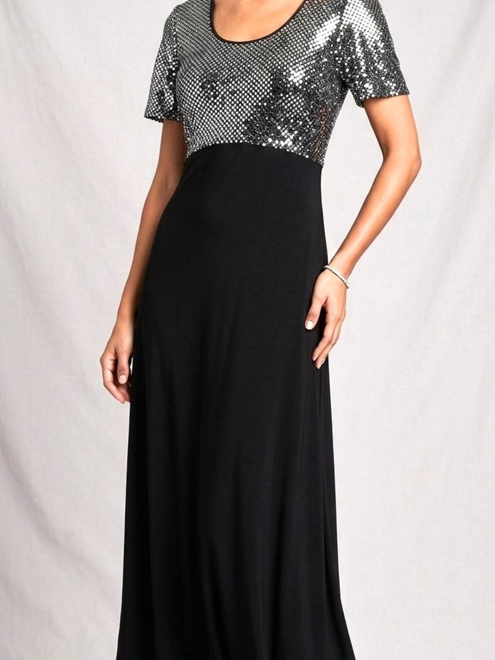 Jazz II Sequin Top Empire Waist Maxi Dress Metallic Gown, Sz 14